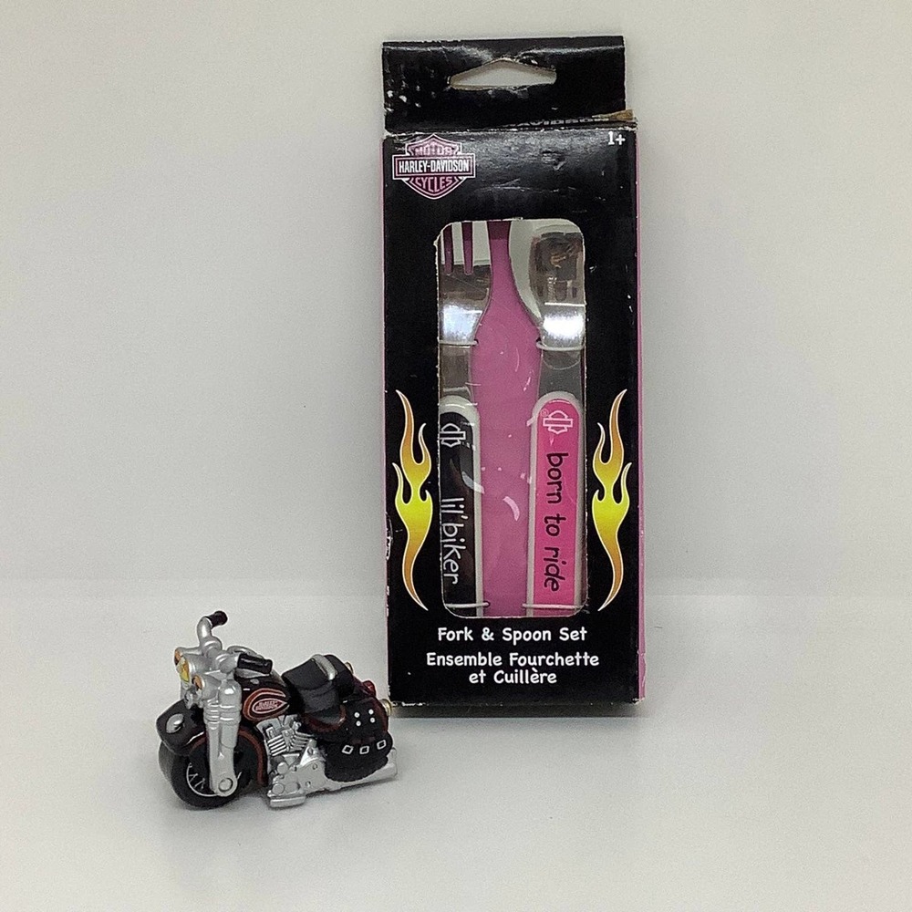 Harley-Davidson kids fork and spoon set with Maisto motorcycle toy bundle